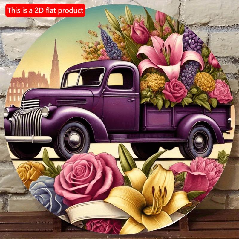 2d Flat 20*20cm Purple Vintage Truck Filled with Flowers, Circular Wooden Sign, Garden, Kitchen, Office, Bedroom Decoration, Wooden Material