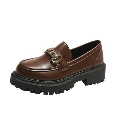 Chunky Loafers Women Genuine Cow Leather Platform Shoes Round Toe Metal Chain Slip On Ladies Flats Handmade 2024