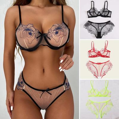2 Pcs/Set Women Bra Panties Set Wire Flower Embroidery Ultrathin See-through Adjustable Straps Mesh Three-point Lady Bra Underpants Set