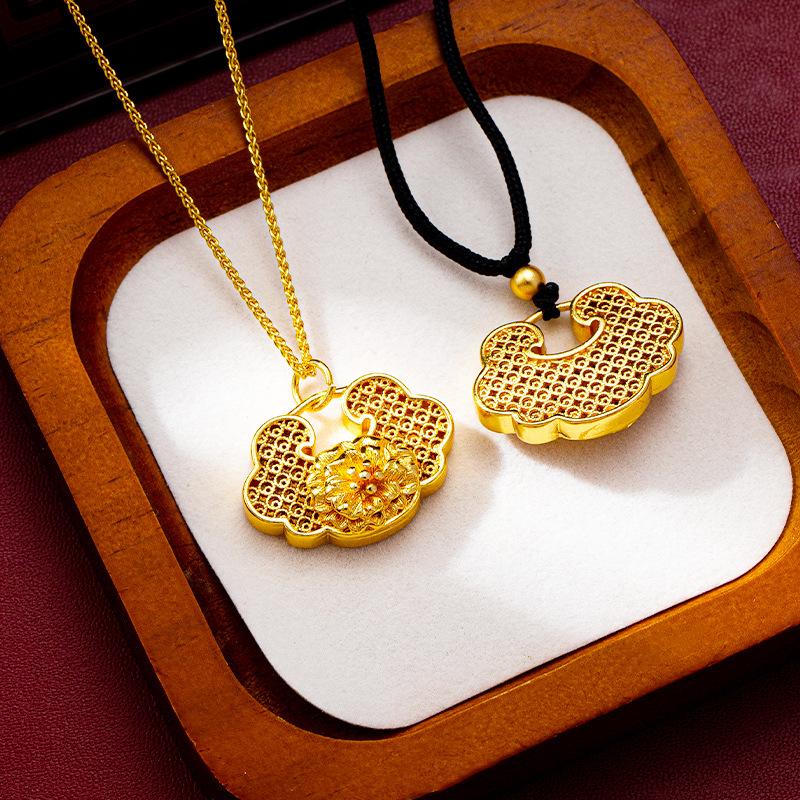 Three-dimensional Peony Flower Girl Retro Hollow Filigree Safety Lock Jewelry Necklace Pendant
