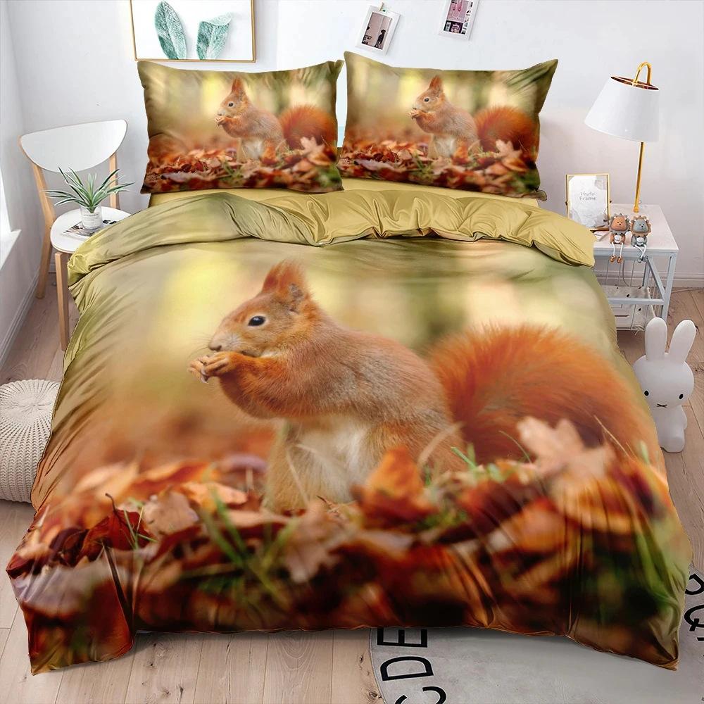 Cute Squirrel Duvet Set 3D Animal Theme Bedding Set Three-Piece Set
