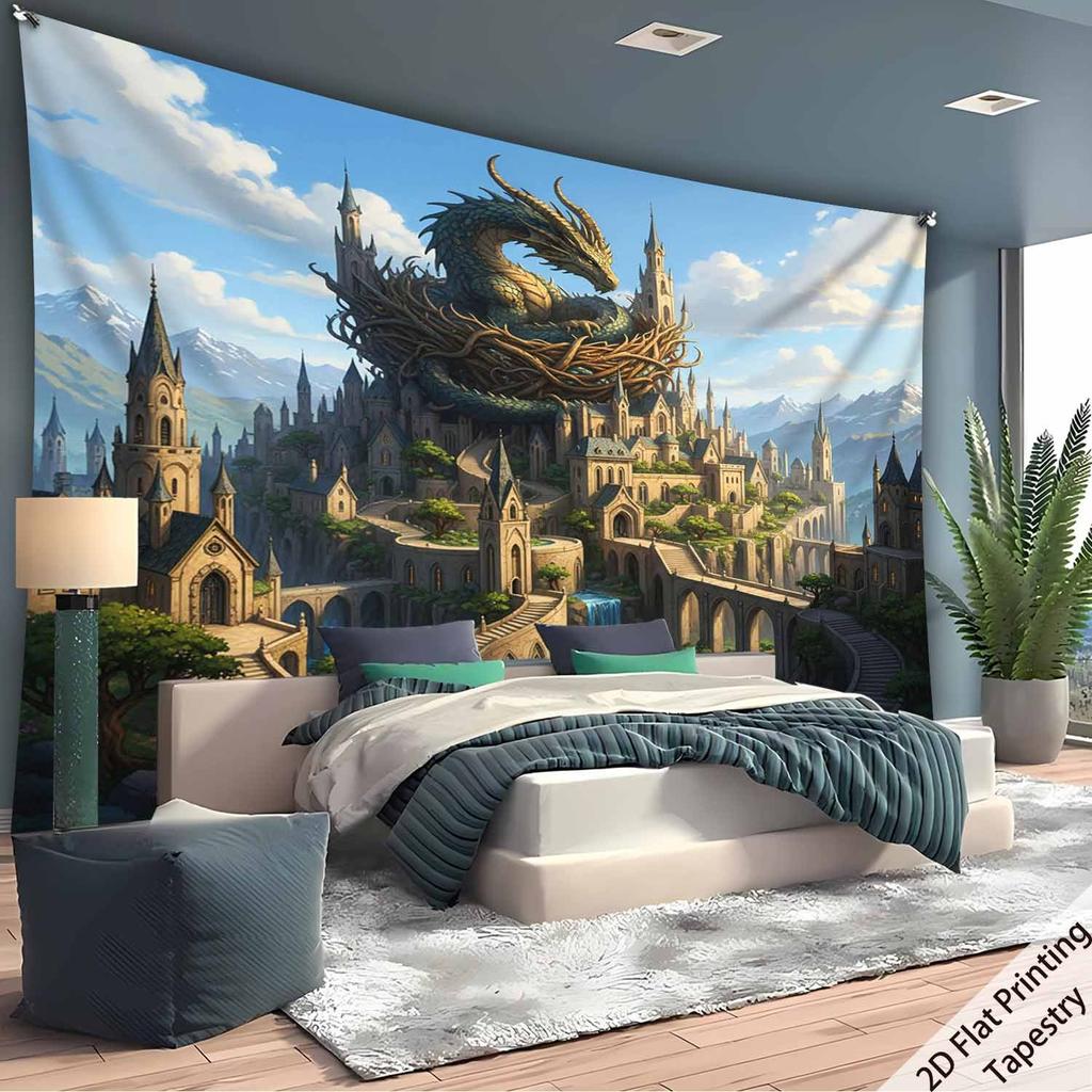 Dragon and Castle Scenery Digital Printing Polyester Wall Tapestry Suitable for Use In Living Rooms Bedrooms Offices Bars Party