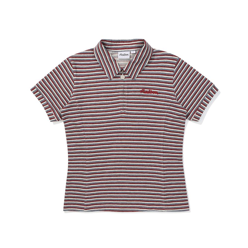 MALBON GOLF Women'S Striped Half-Zip Collared T-Shirt Red (Woman)