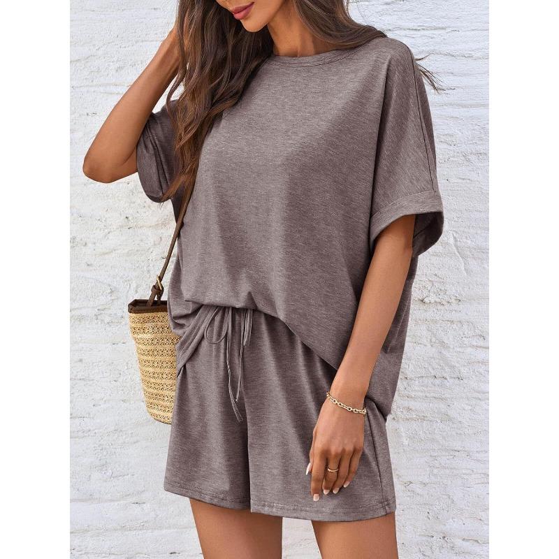 Women Casual Summer Batwing Sleeve T Shirt Drawstring Shorts Sports Two Piece Set