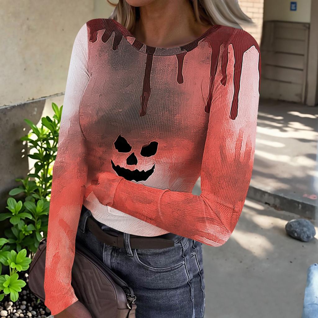 Women's Casual Ribbed Long Sleeve Top Halloween Print Round Neck Slim Fit Stretchy Knit Shirt for Fall Seasonal Wear