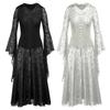 Damen Renaissance Gotisches Spitzen Kapuzen Maxikleid Langes Kleid Mit Glockenärmeln Für Halloween Kostüm