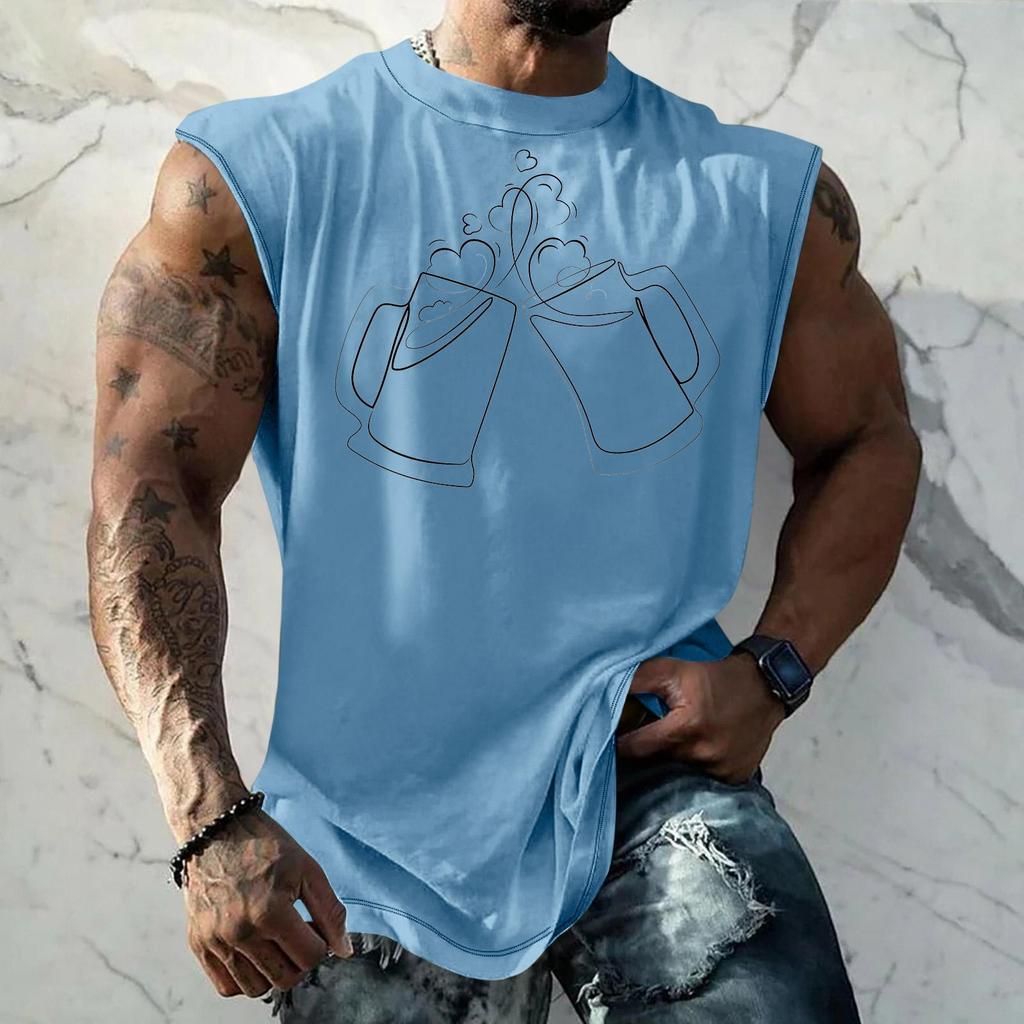 Men's Casual Loose Fit Sleeveless Tank Top with Beer Festival Style Graphic Print Streetwear Athletic Summer Muscle Shirt