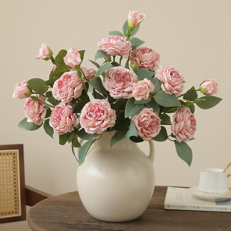 10pcs Fake Flowers Artificial Silk Grilled Edged Tea Rose Wedding Decoration Pink Simulation Flower 3 Heads Roses Branches