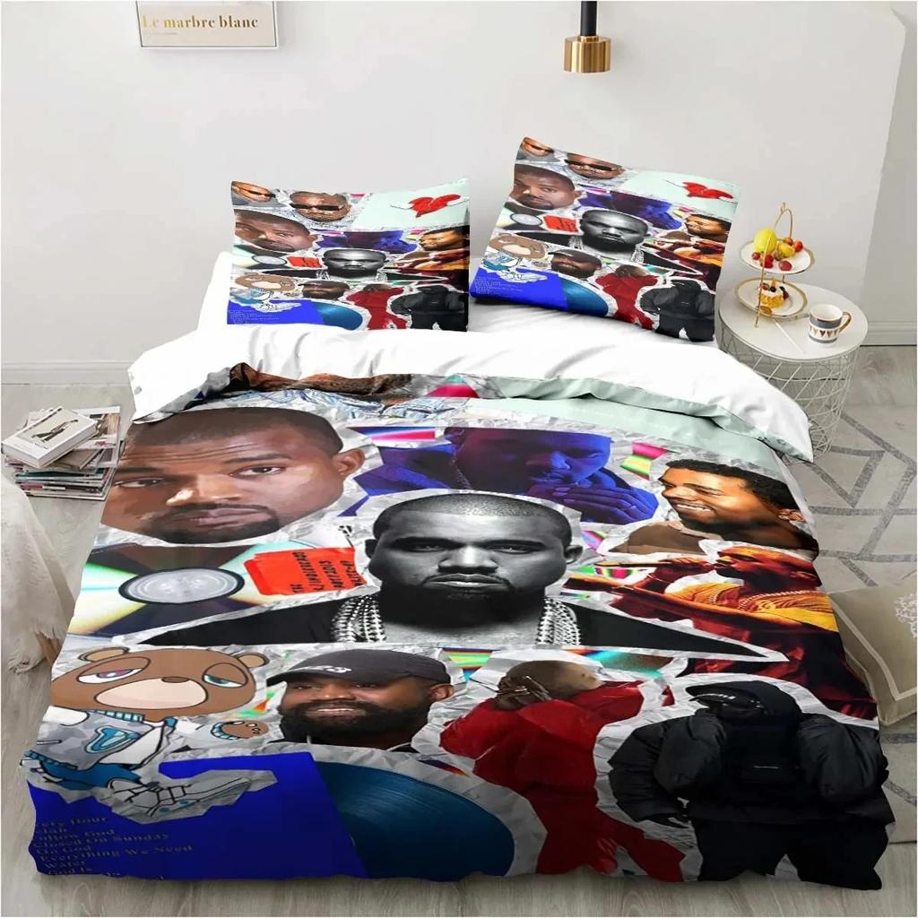 Set de lenjerie de pat Rapper Kanye West Set de pat cuvertură de pilotă Husă de pilota Față de pernă Conversor King Queen Size Set de pat pentru adulți