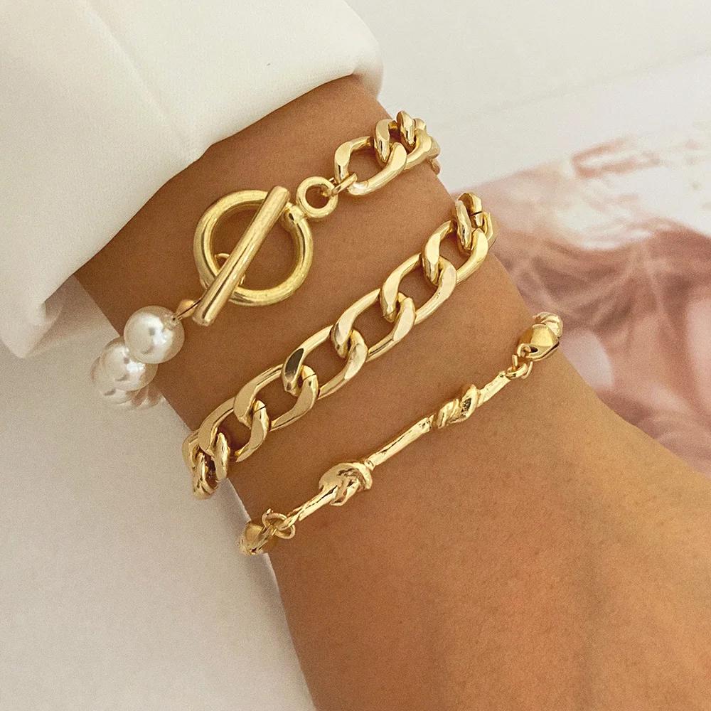 Punk Golden Metal Thick Chain Bracelets for Women Men Pentagram Heart Beads Pendant Charm Bracelet Set Fashion Jewelry