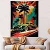 Vintage Wall Tapestry Retro Classic Coupe Car Palm Trees City Skyline Sunburst Poster Decor for Bedroom Gift