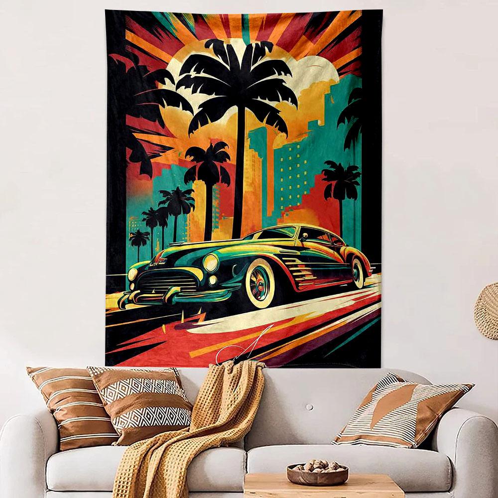 Vintage Wall Tapestry Retro Classic Coupe Car Palm Trees City Skyline Sunburst Poster Decor for Bedroom Gift