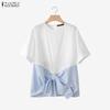 Women Casual Round Neck Short Sleeve Stripe Splice Loose Blouse