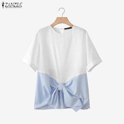 Women Casual Round Neck Short Sleeve Stripe Splice Loose Blouse