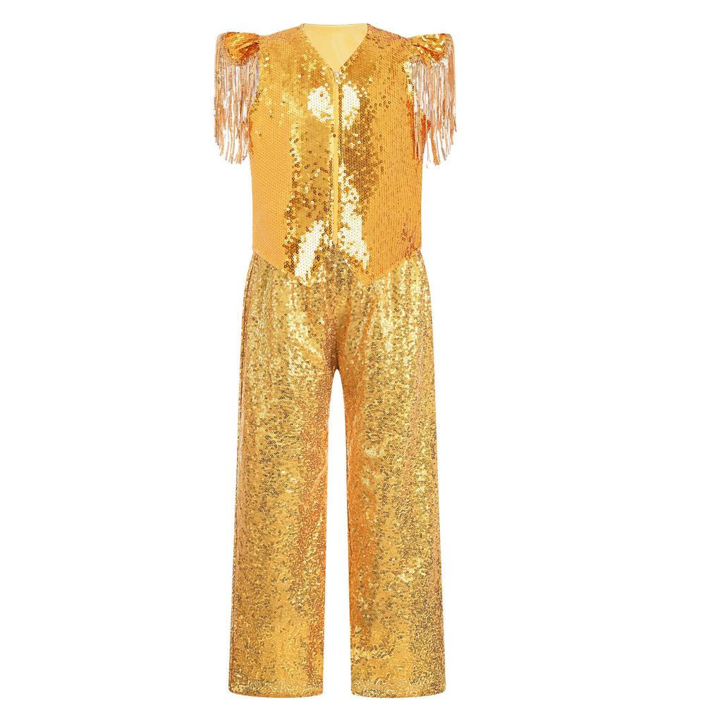 Kids Jazz Dance Costume Set Sequin Embellished Cap Sleeve V Neck Asymmetrical Hem Zip Vest with Elastic Waist Pants for Stage Competition