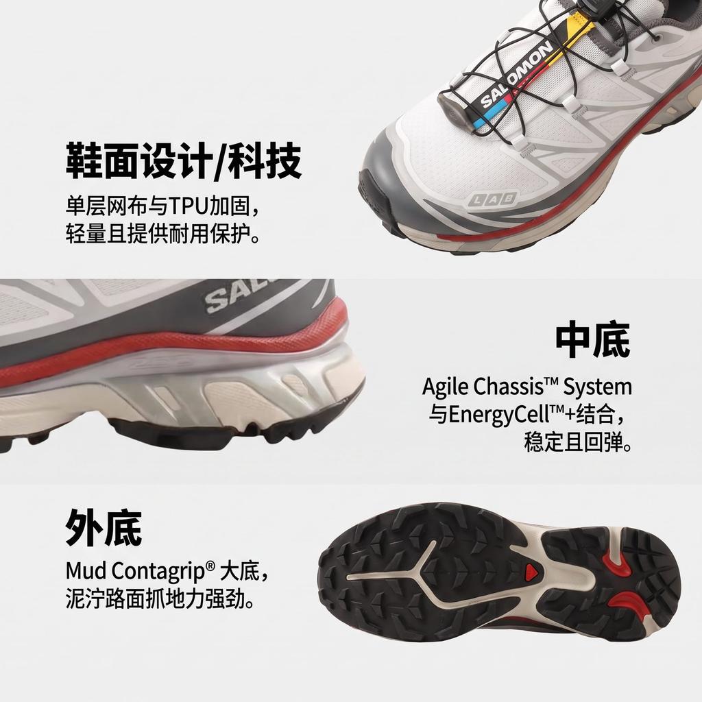 SALOMON XT 6 Low top Running Shoes Unisex White Gray Red L47864400