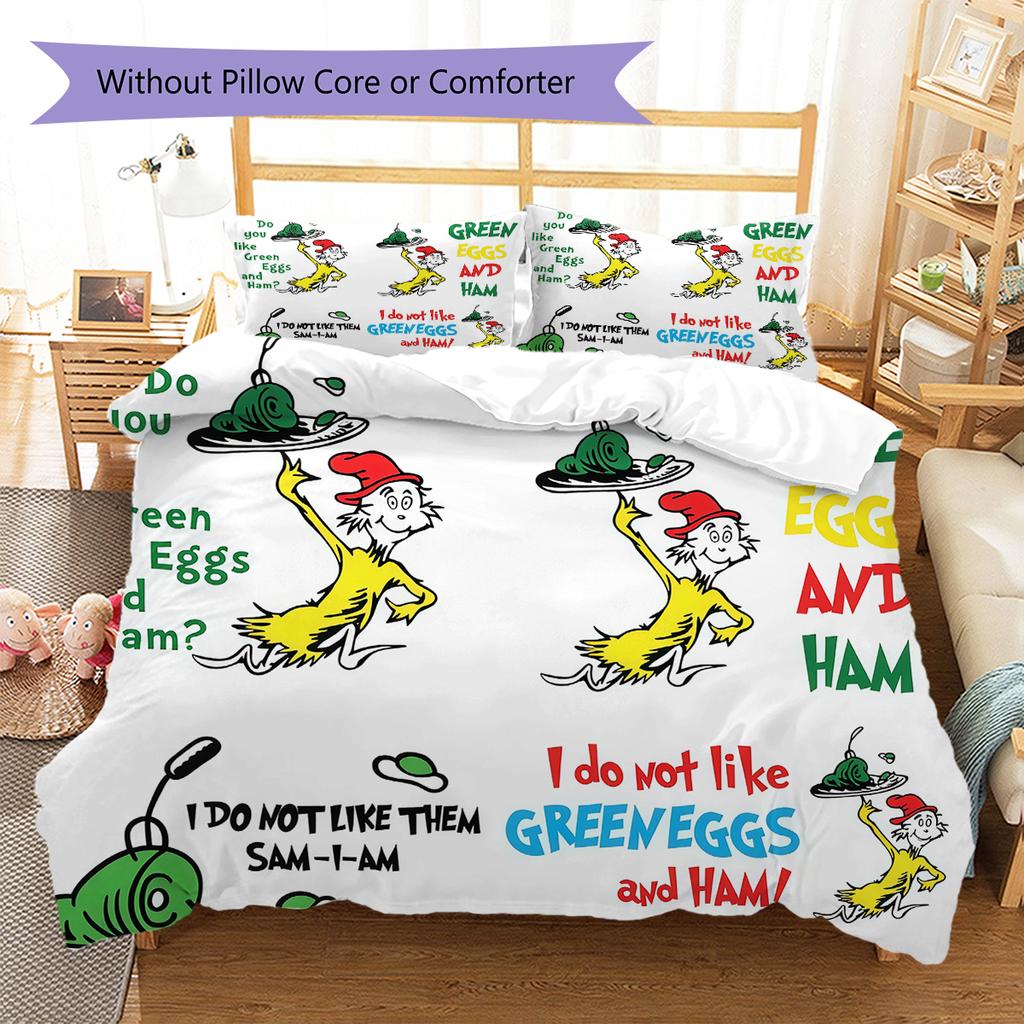 Green Eggs and Ham Pattern Bedding,Quilt Set Quilt Cover Pillowcase Home Birthday Gift (1 * duvet cover + 2 * pillowcase, without core)
