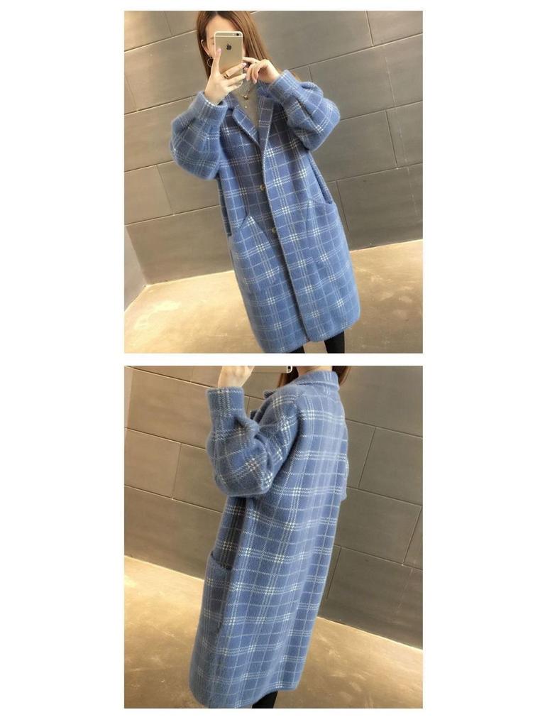 Korean Style Plaid Mid-Length Knit Jacket - Loose Fit, Long Sleeve, Autumn/Winter Women's Fashion.