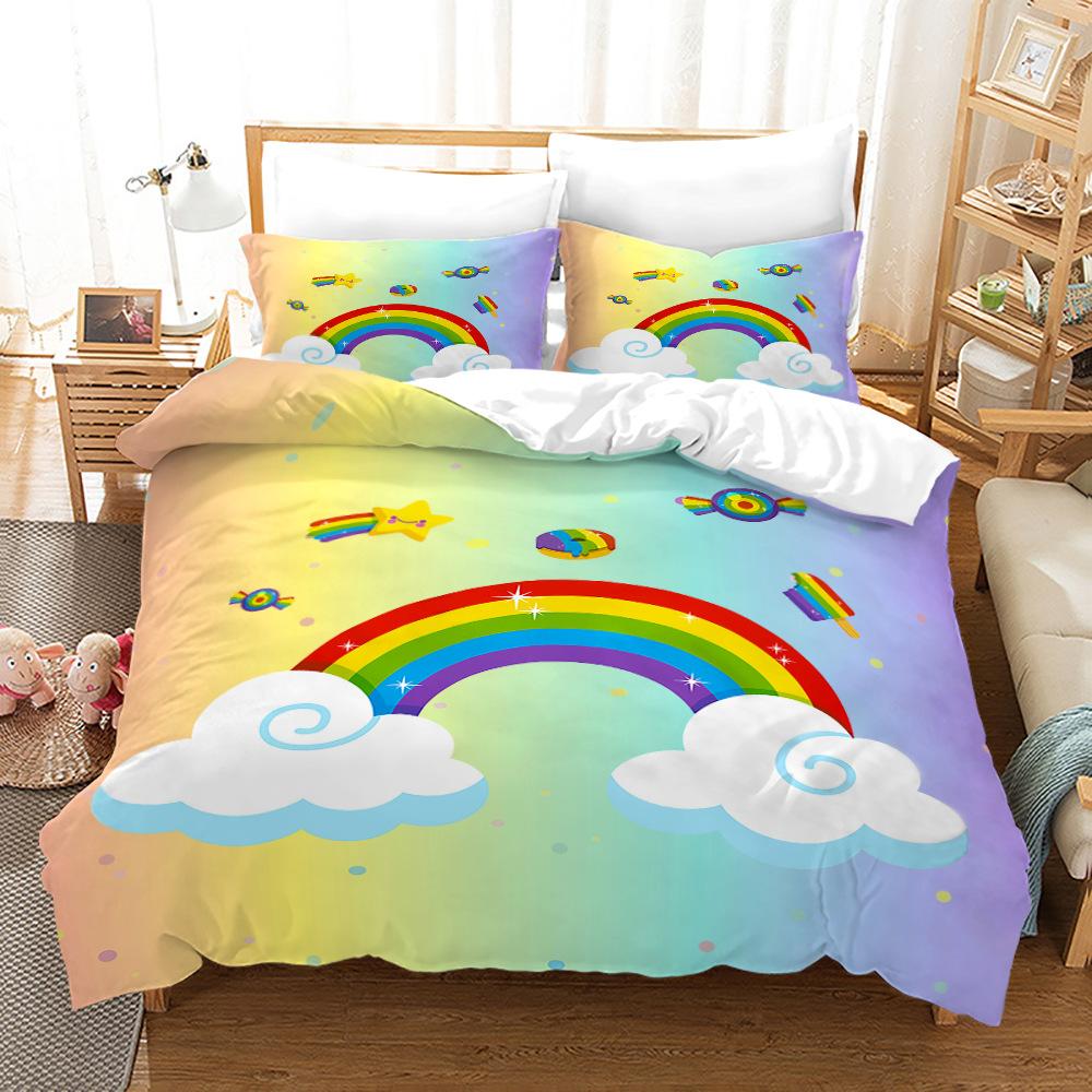 3D-Regenbogen-Bettwäsche-Set, niedlicher Cartoon-Bettbezug, 2/3-teilig, EU135 * 200, volle Größe, Einzel- oder Doppelbett, Mädchenzimmer, weiche Heimtextilien