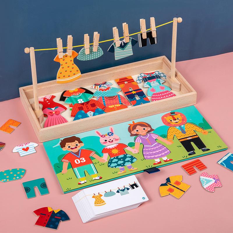 Toys Wooden Dress Up Puzzles Montessori Animal Bear Change Clothes Jigsaw Puzzle Box Matching Games Dressing Kid's Travel Set