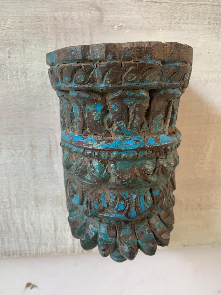 Carved Floral Wood Floating Shelf: Rustic Blue Wall Decor