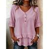 women's V Neck Button Ruffle Trim Half Sleeve Linen Blend Loose Casual Blouse Tunic Top
