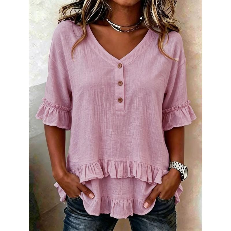 women's V Neck Button Ruffle Trim Half Sleeve Linen Blend Loose Casual Blouse Tunic Top