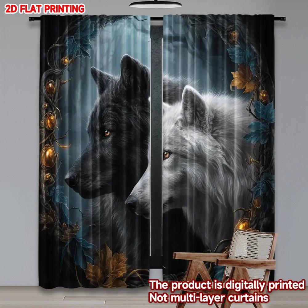 Set Of 2 Mystical Wolf Curtains Flat Digital Print Black White Vines Epic Animal Design Living Room Curtain Polyester Ideal For Area