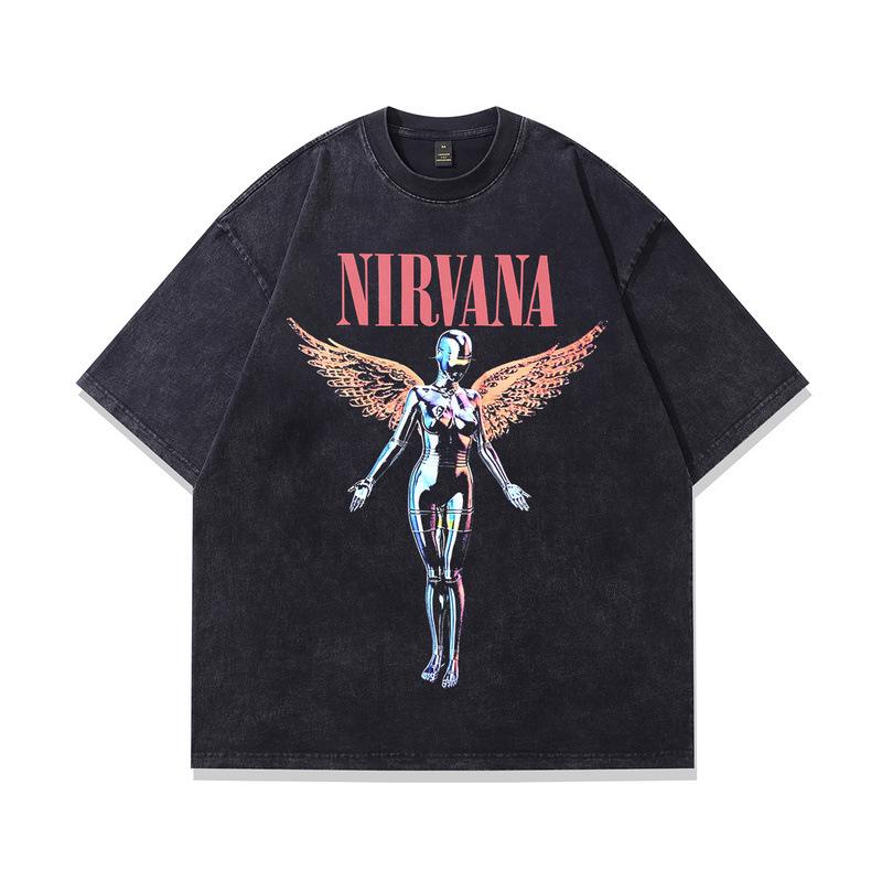 TKPA American Retro Nirvana Band Vintage Washed Short Sleeve T-shirt for Men