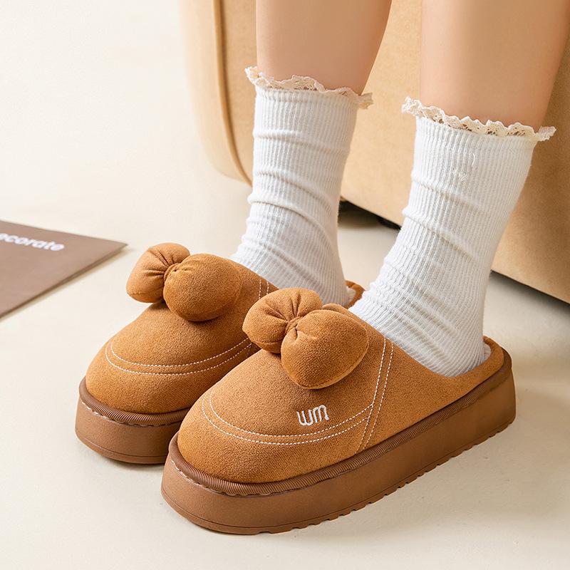 Bow cotton slippers autumn and winter home indoor thickened bottom warm and comfortable plush cotton mop non-slip