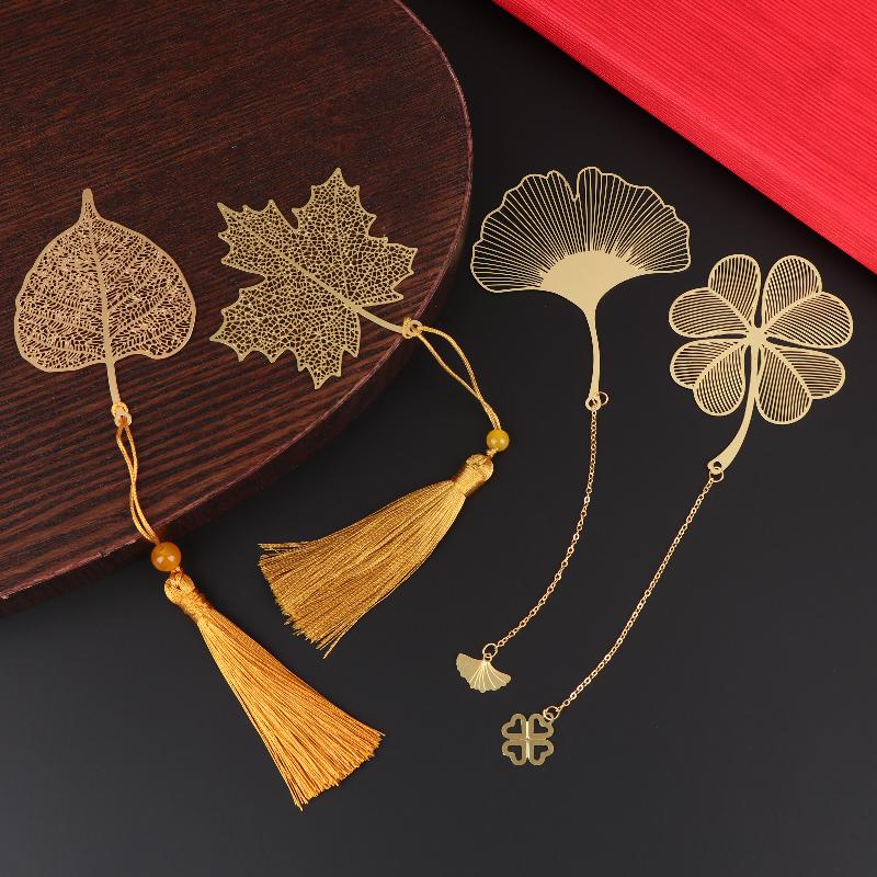 Chinese Style Stationery Retro Metal Bookmarks Hollow Ginkgo Biloba Maple Leaf Lotus Vein Book Marks Gifts