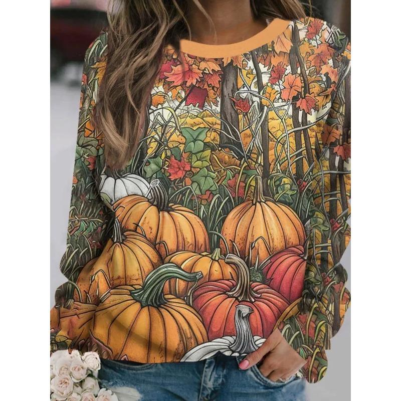 Women's Autumn and Winter 3D Printed Crew Neck Long Sleeve T-Shirt Fashion Versatile Trend Breathable Casual