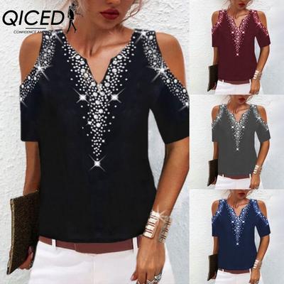 Damenmode, lässig, einfarbig, kurzärmelig, V-Ausschnitt, Blusen und Hemden