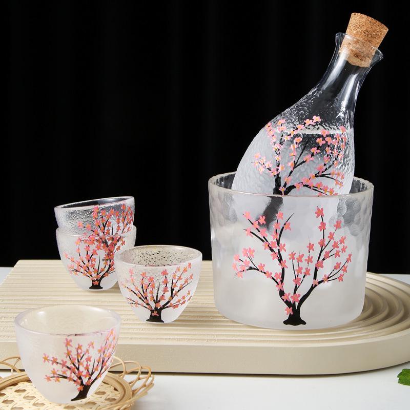 Cherry Blossom & Plum Glass Sake Set: Hand-Painted Pot & Cups