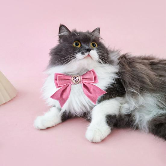 Cats Dog Collar Velvet Bow Tie Adjustable Anti-Choking Puppy Necklace Heart Shape Rhinestone Decoration Lightweight Comfortable Birthday Accessories