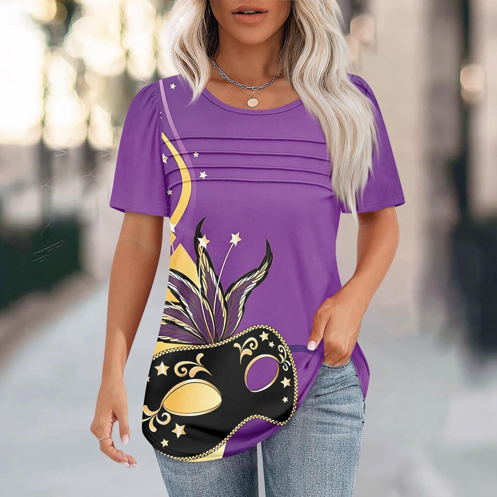 

Женский свободный топ с принтом карнавальной маски, короткими рукавами и круглым вырезом, плиссированный S фиолетовый