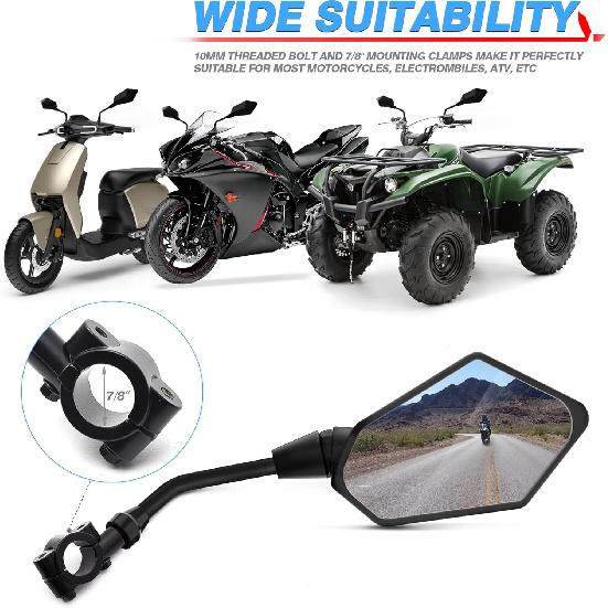 MICTUNING Universal Hawk-Eye Motorcycle Convex Rear View Mirror - With 10Mm Bolt, Handle Bar Mount Clamp Compatible With Cruiser, Suzuki, Honda,