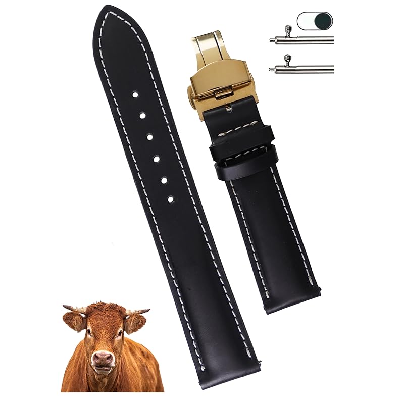 

[vinacreations] black 18mm cowhide genuine leather watch strap D buckle quick release spring bar men s calf leather replacement watch band leather