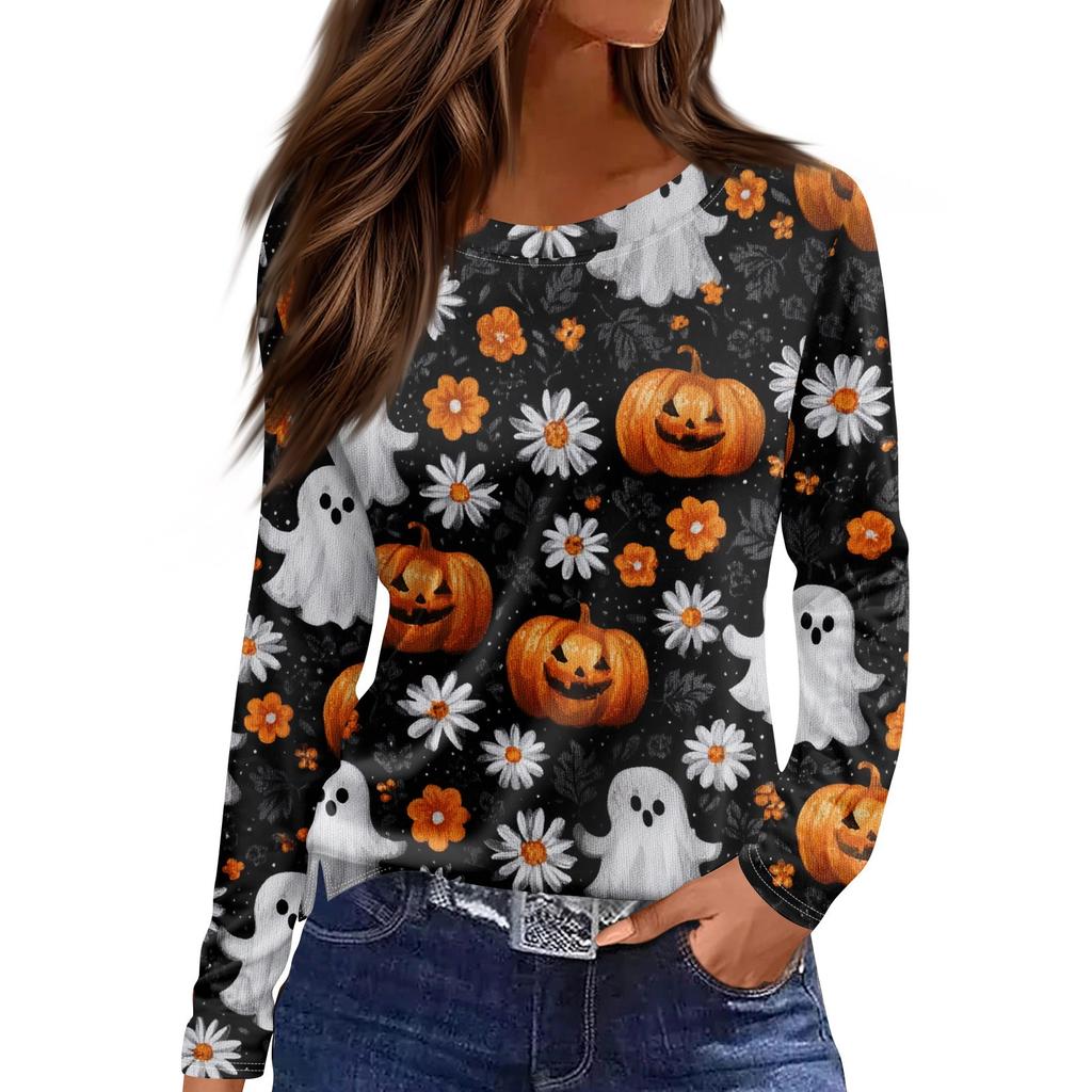 Damenmode Saumschlitz Lässig Halloween-Print Rundhals Langarm Oberteil