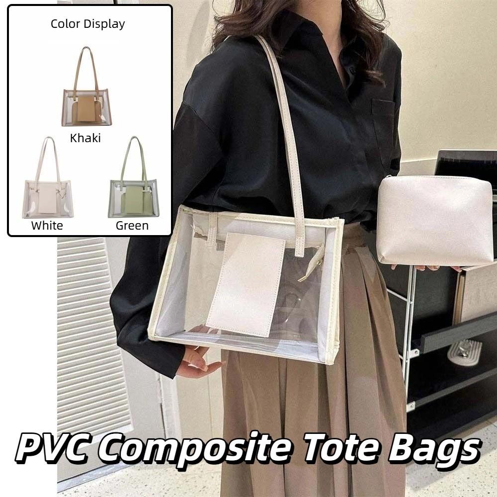 2pcs/set PU Leather Transparent Jelly Bag Large Capacity Handbag PVC Composite Tote Bags  Travel