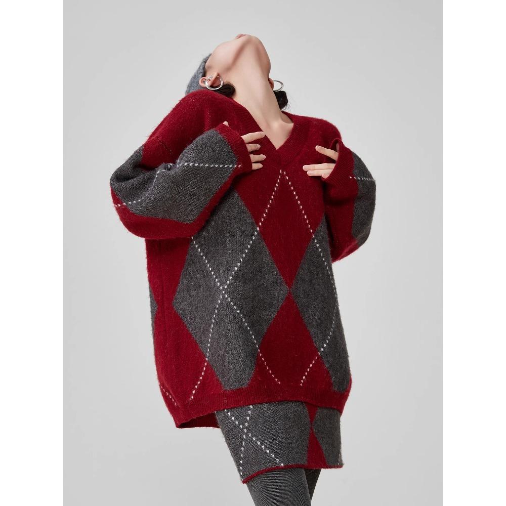 DIMANAF 2025 Plus Size Autumn Women plaid New Sweaters V-neck Knitting Basic Fashion O-Neck Style Loose Red Pullover Sweater
