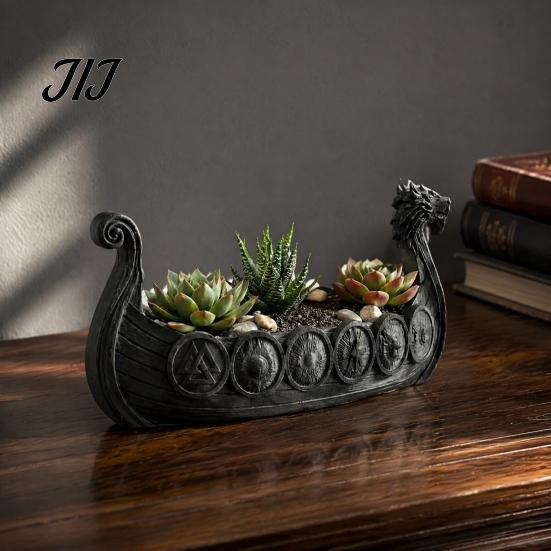 Resin Decorative Plant Pot Viking Longship Planter Pot, Dragon Boat Indoor Holder for Cacti Creative Air Plants, Rustic Nordic Ship Container