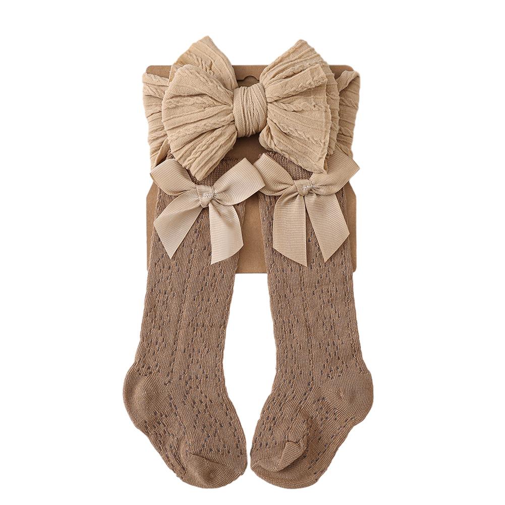 2Pcs Baby Girl Fall Outfit Vintage Cable Knit Stockings With Bow Headband Solid Spanish Socks Hair Accessories For 0-12 Months