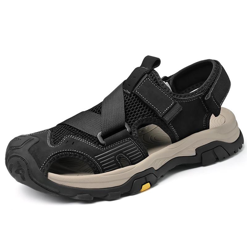 Men s Trendy Leather Closed-Toe Outdoor Sandals: 2024 Summer Breathable Beach Shoes 42 чёрный