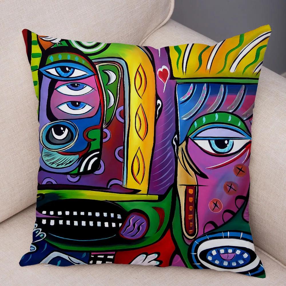 Abstract Painting Cushion Cover Decoration Nordic Style Colorful Cartoon Girl Pillowcase Sofa Home