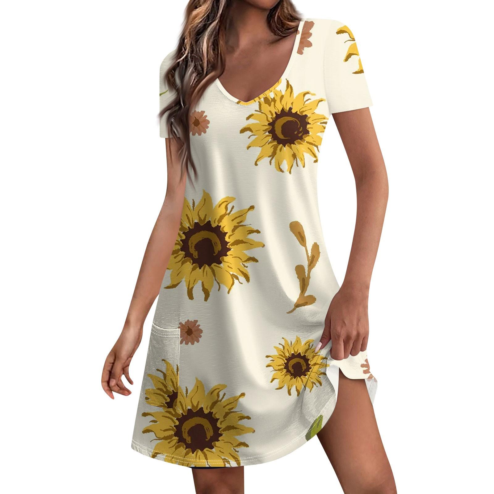 

Женское летнее повседневное платье с короткими рукавами и цветочным принтом подсолнечника и карманами M