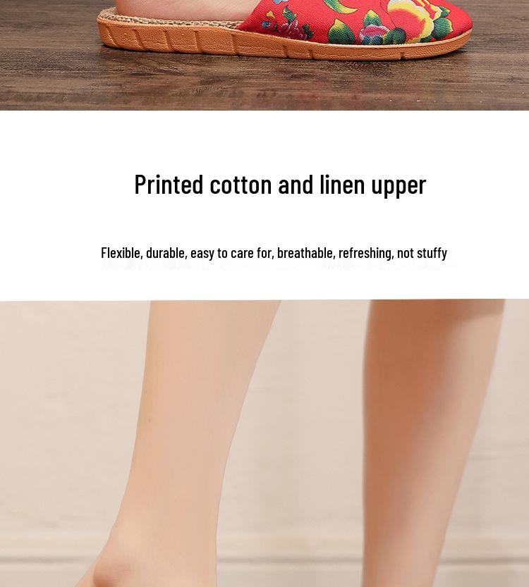 Women's Ethnic Peony Print Linen Half Slippers - Large Size