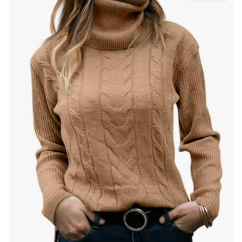 Women S Vintage Solid Color High Neck Long Sleeve Pullover Knit Sweater