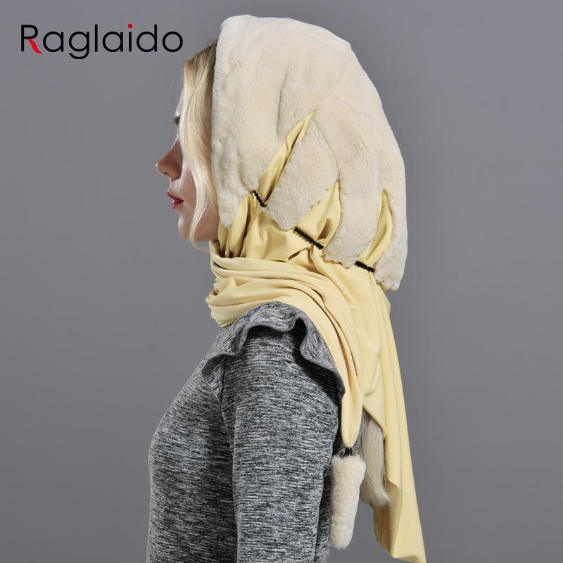Real Rex Rabbit Fur Hood Hats Genuine Natural Fur Female a Winter Hat Fur Warm Fluffy Hood with Fabric Lining