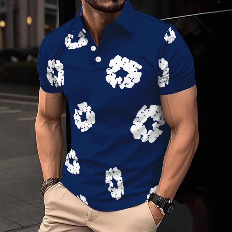 Men Abstract Floral Print Polo Shirt Short Sleeve Casual Button Down Top